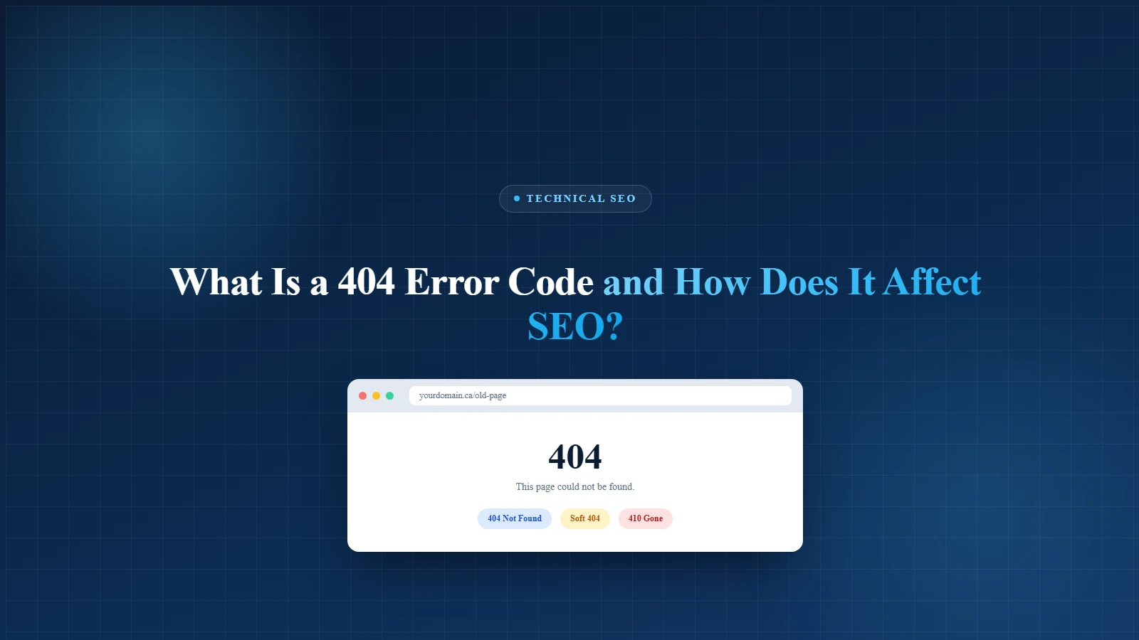 404 error code guide cover showing a browser page-not-found screen next to three status code badges for 404, soft 404, and 410
