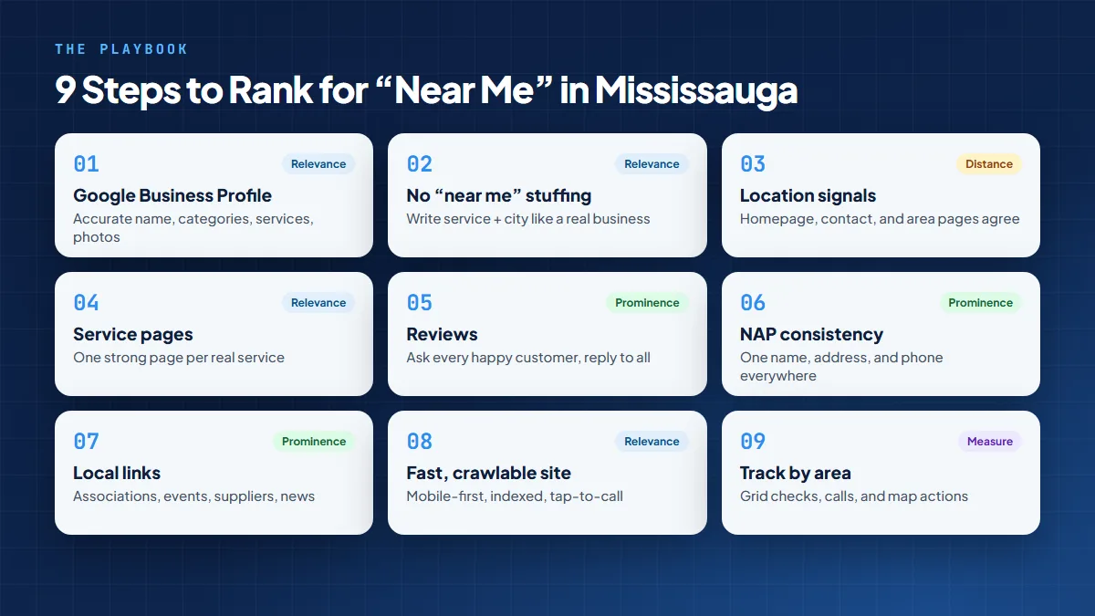 Grid of 9 steps to rank for near me searches in Mississauga, each tagged as a relevance, distance, prominence, or measurement signal