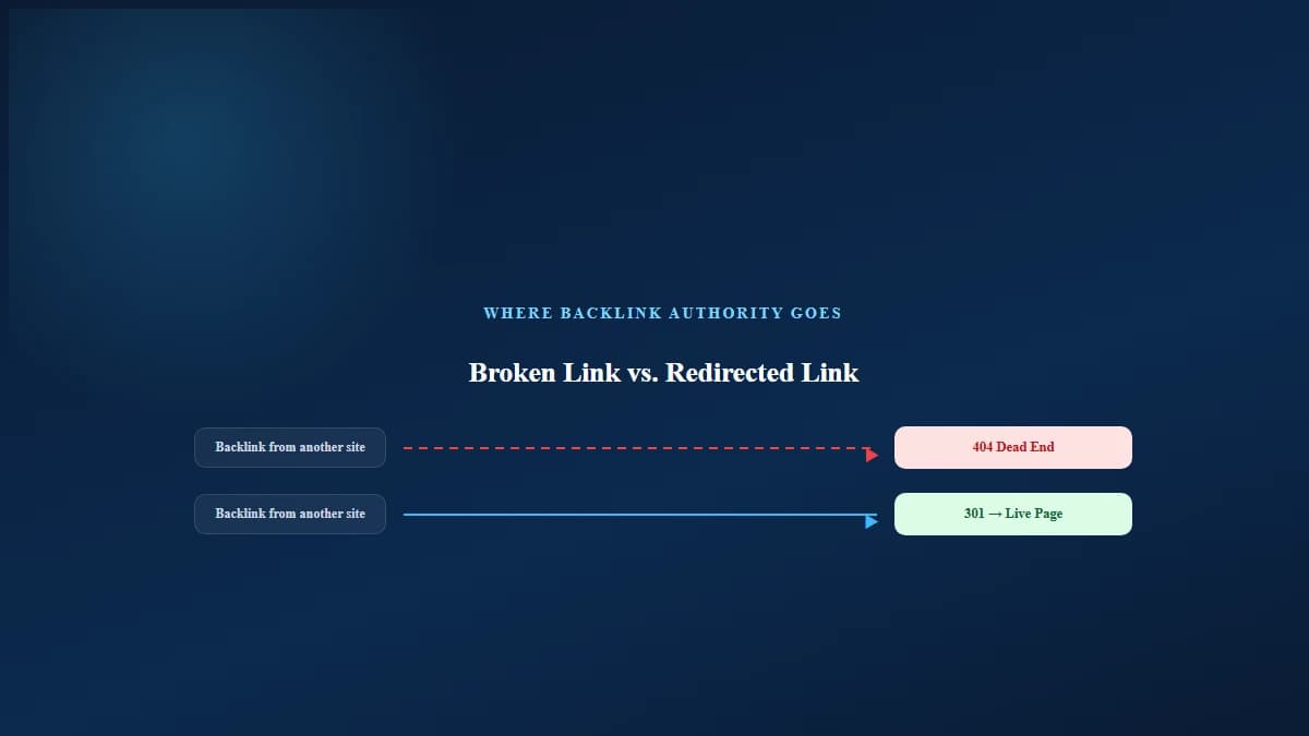 Diagram showing backlinks flowing into a 404 dead end and losing their value, compared to the same backlinks flowing through a 301 redirect into a live equivalent page
