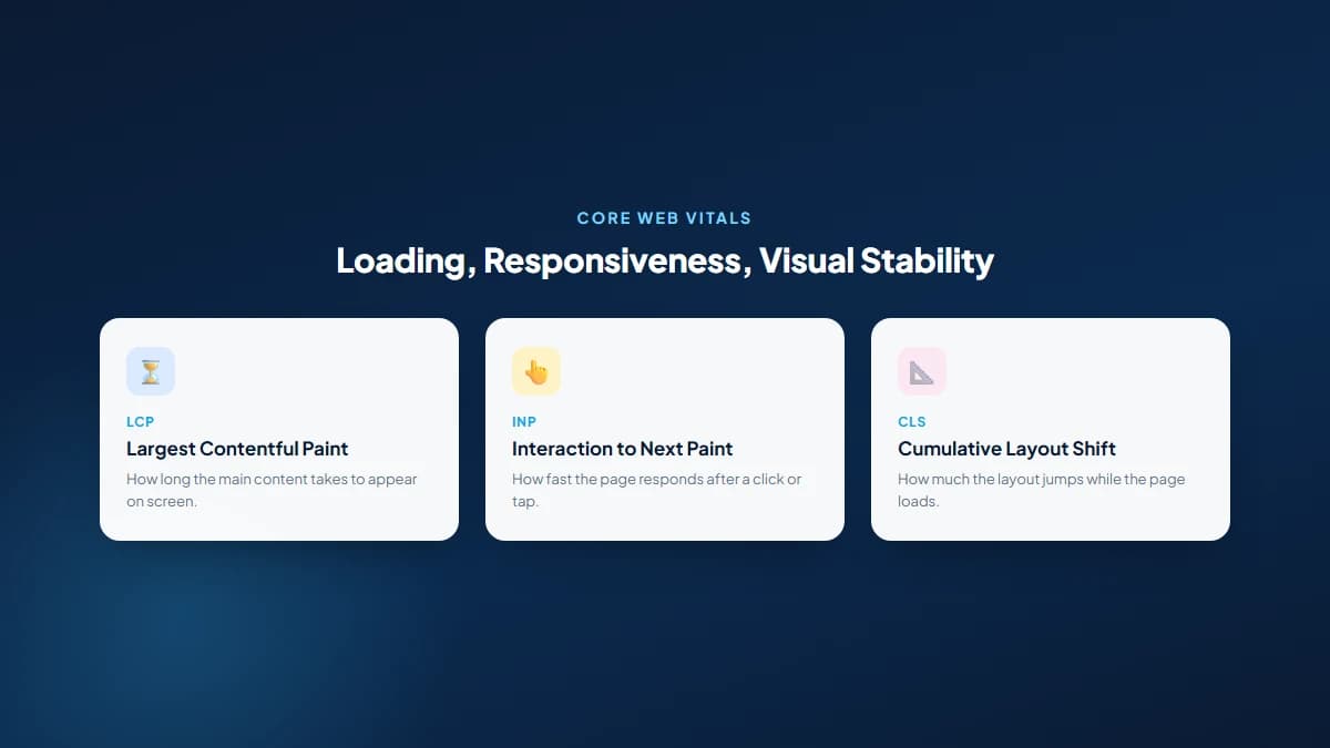 Overview grid of the three Core Web Vitals metrics: Largest Contentful Paint measuring loading speed, Interaction to Next Paint measuring responsiveness, and Cumulative Layout Shift measuring visual stability