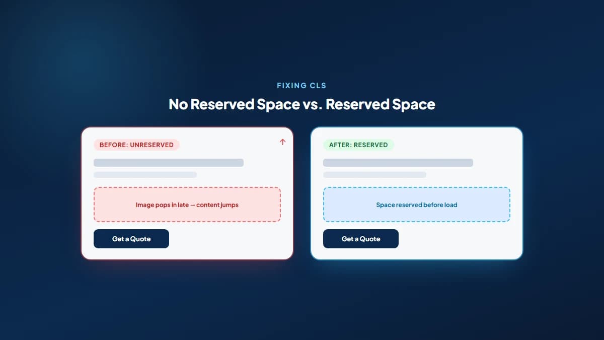 Before and after comparison showing a webpage with an unreserved image space causing a layout shift as content jumps, next to the same page with reserved space keeping the layout stable