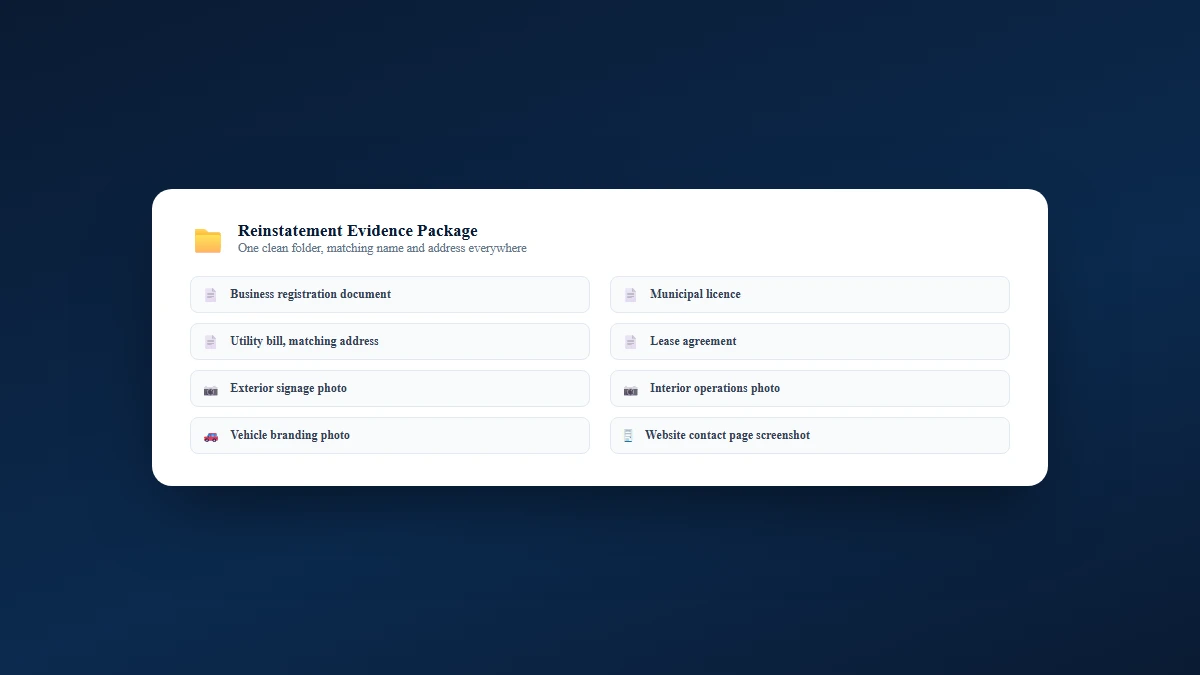 Checklist graphic showing a folder of reinstatement evidence documents: business registration, utility bill, signage photo, and website contact page screenshot