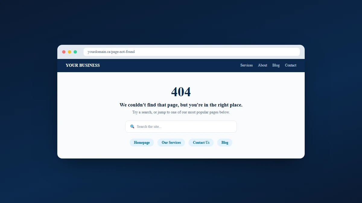 Mockup of a well-designed custom 404 page keeping the site's normal header and navigation, a friendly message, a search box, and links to popular pages