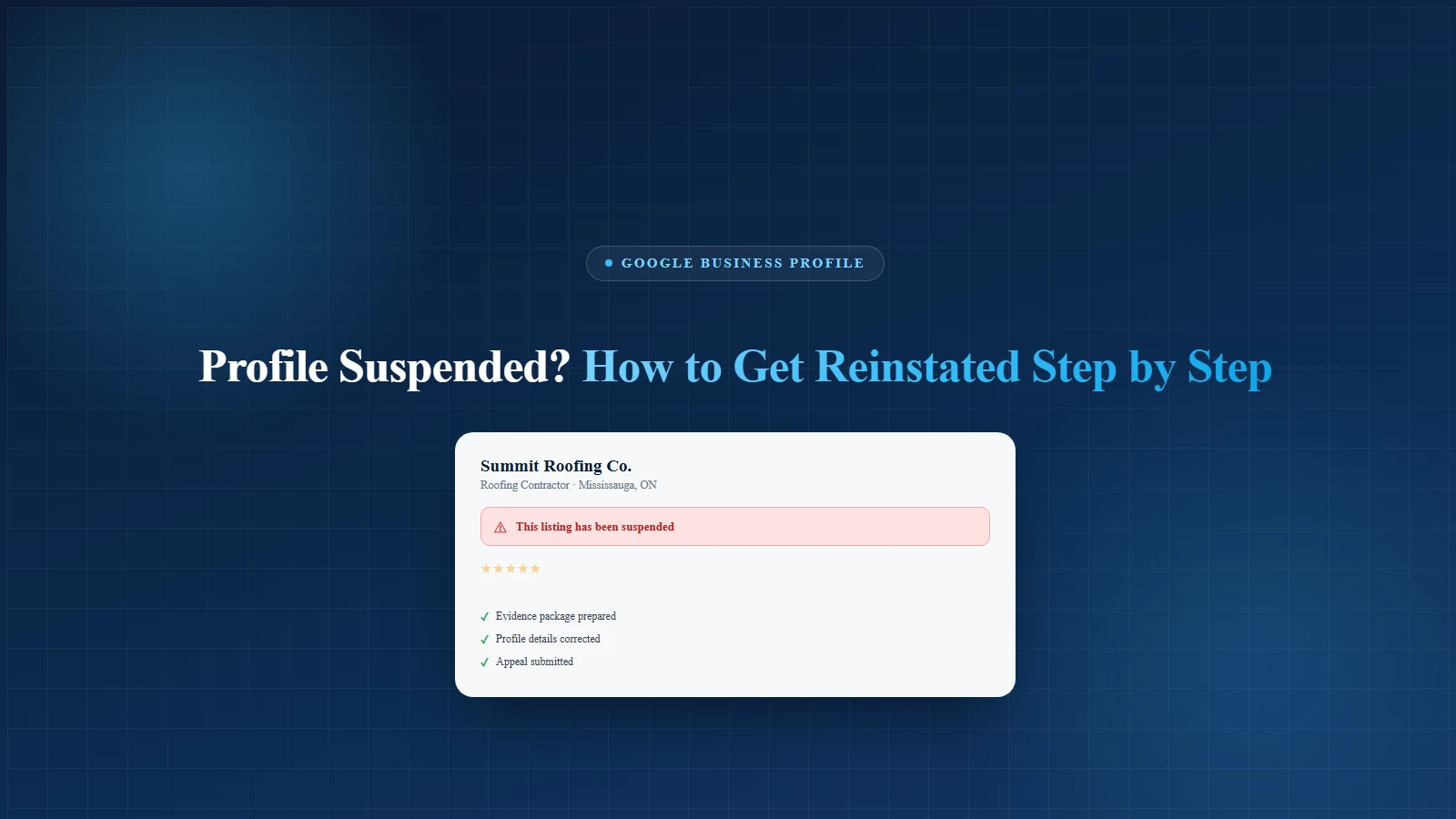 Google Business Profile suspended guide cover showing a business listing card with a suspended banner next to an appeal and reinstatement checklist