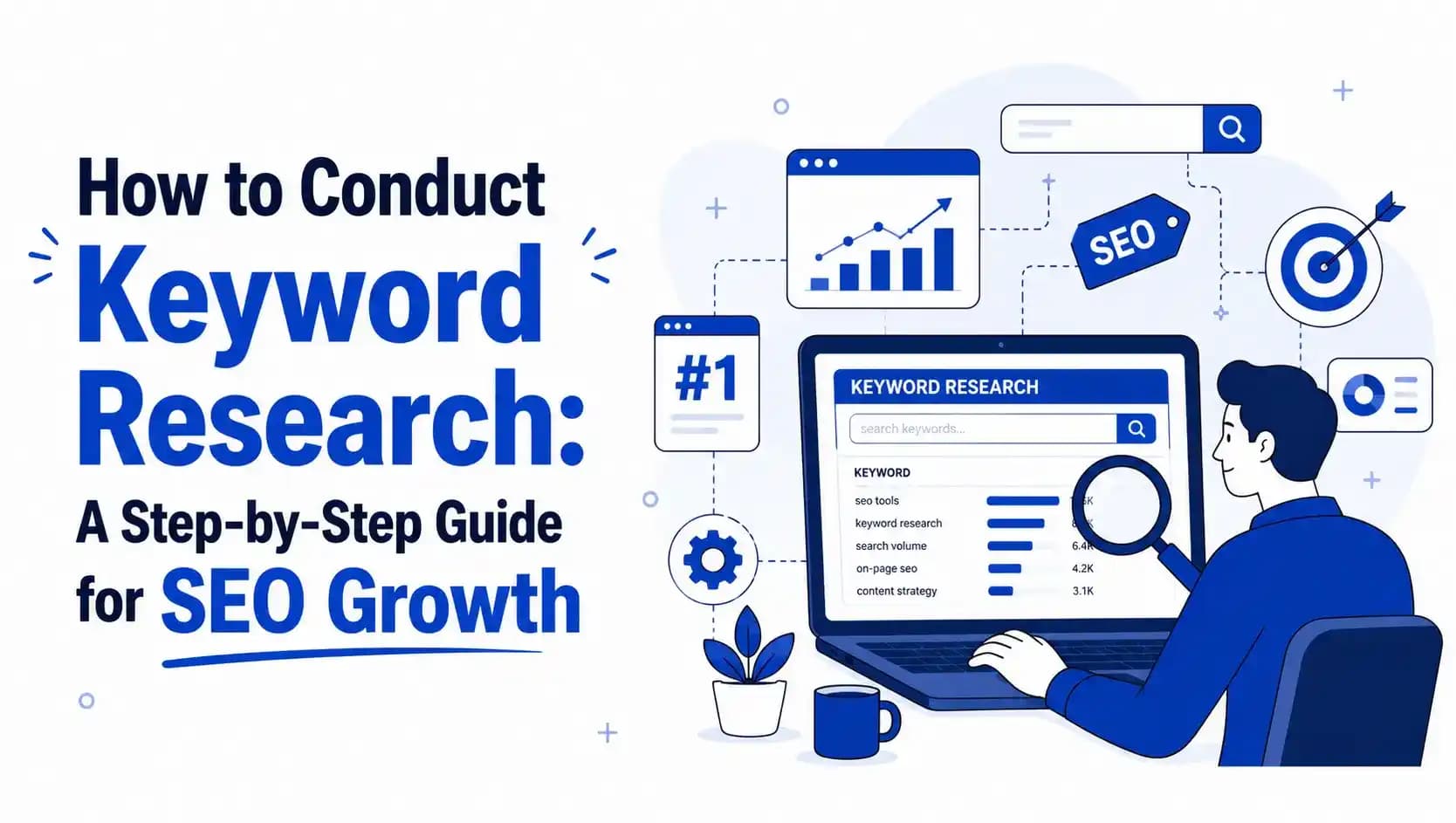 Illustration of a person conducting keyword research on a laptop, featuring graphs, SEO icons, and a coffee mug.