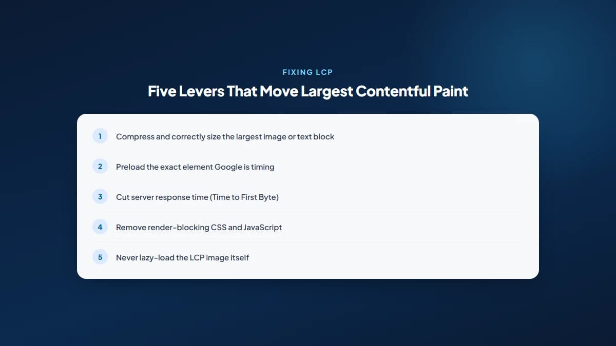 Checklist graphic showing five Largest Contentful Paint optimization techniques: image compression, preloading, server response time, removing render-blocking resources, and avoiding lazy loading on hero images