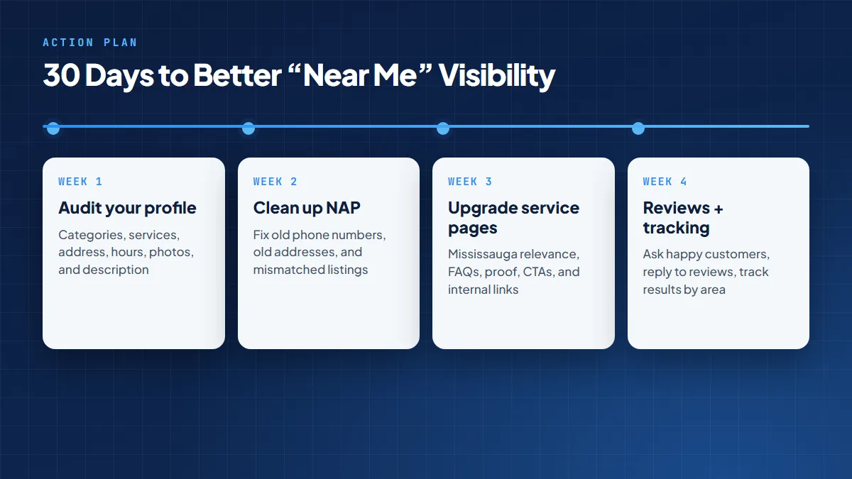 30-day near me SEO action plan timeline: week 1 profile audit, week 2 NAP cleanup, week 3 service pages, week 4 reviews and tracking