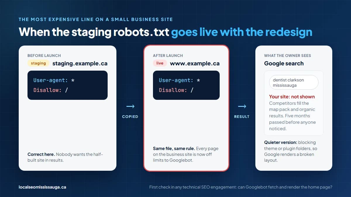 Illustration of a staging site robots.txt with Disallow: / being copied to the live site, causing every page to drop out of Google search results