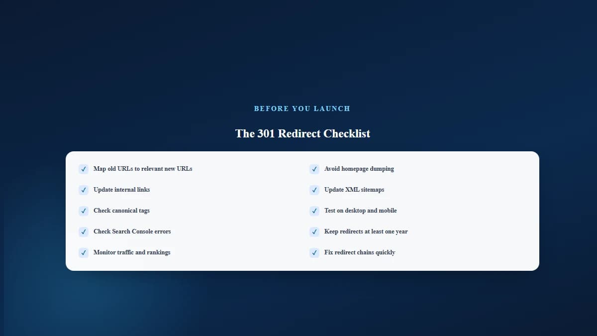 Pre-launch checklist for 301 redirects covering URL mapping, internal link updates, sitemap updates, and Search Console monitoring