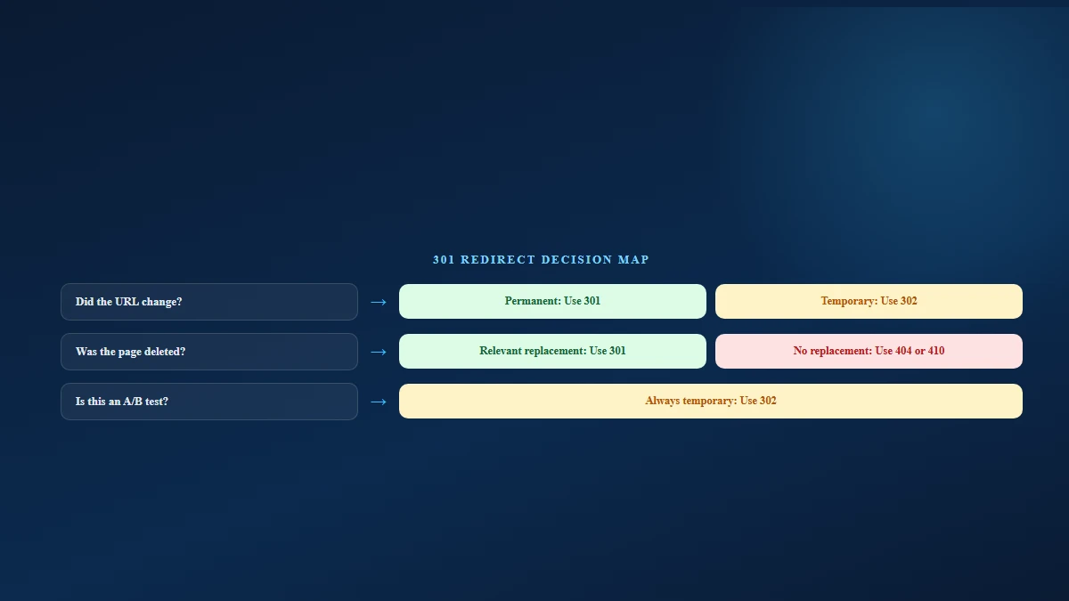 301 redirect decision map flowchart showing whether to use a 301, a 302, or a 404 based on whether a URL change or deletion is permanent and has a relevant replacement
