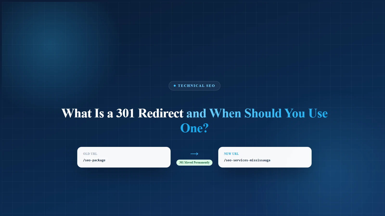 301 redirect guide cover showing an old URL permanently forwarding to a new URL with a Moved Permanently status badge