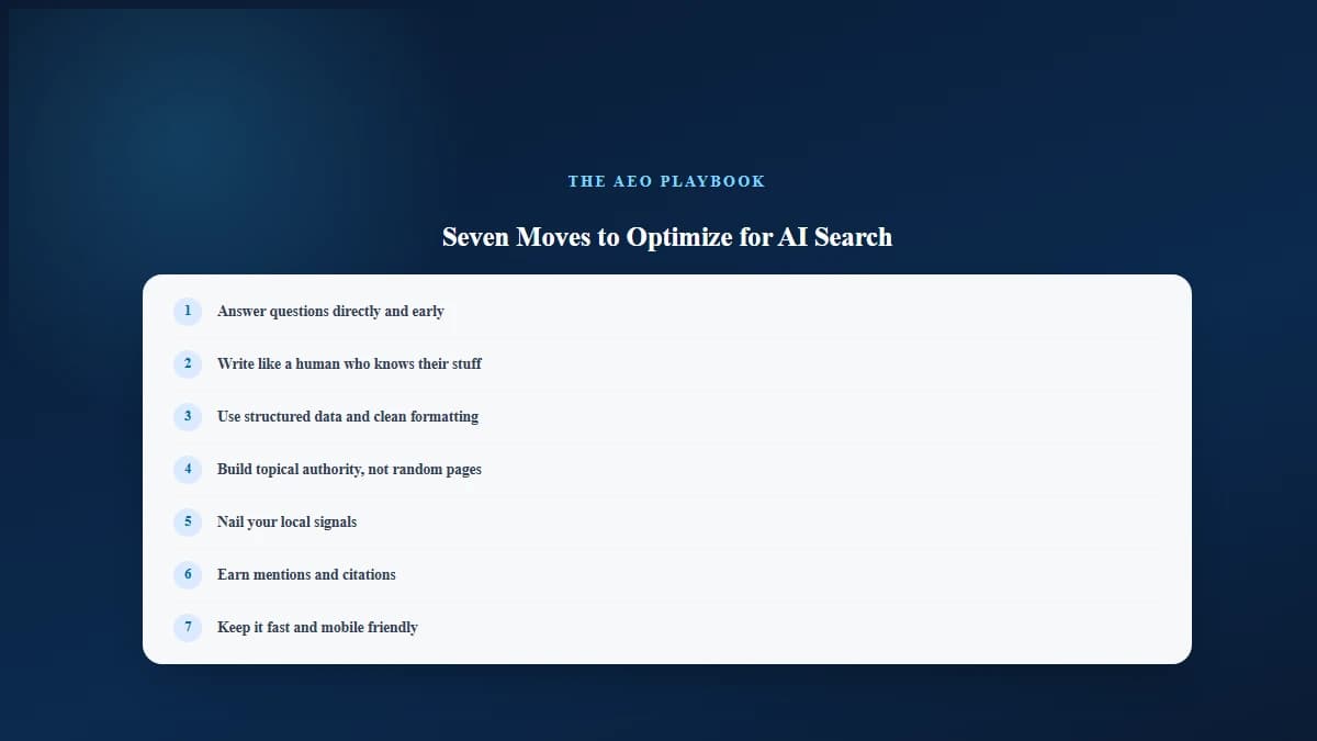 Checklist graphic summarizing the seven-point Answer Engine Optimization playbook for making a website AI search friendly