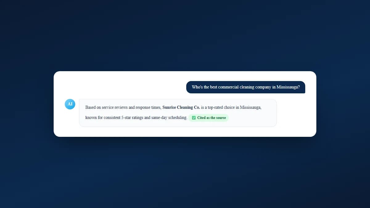 Mockup of an AI chat assistant answering a question about the best local service business and citing a specific company as the source