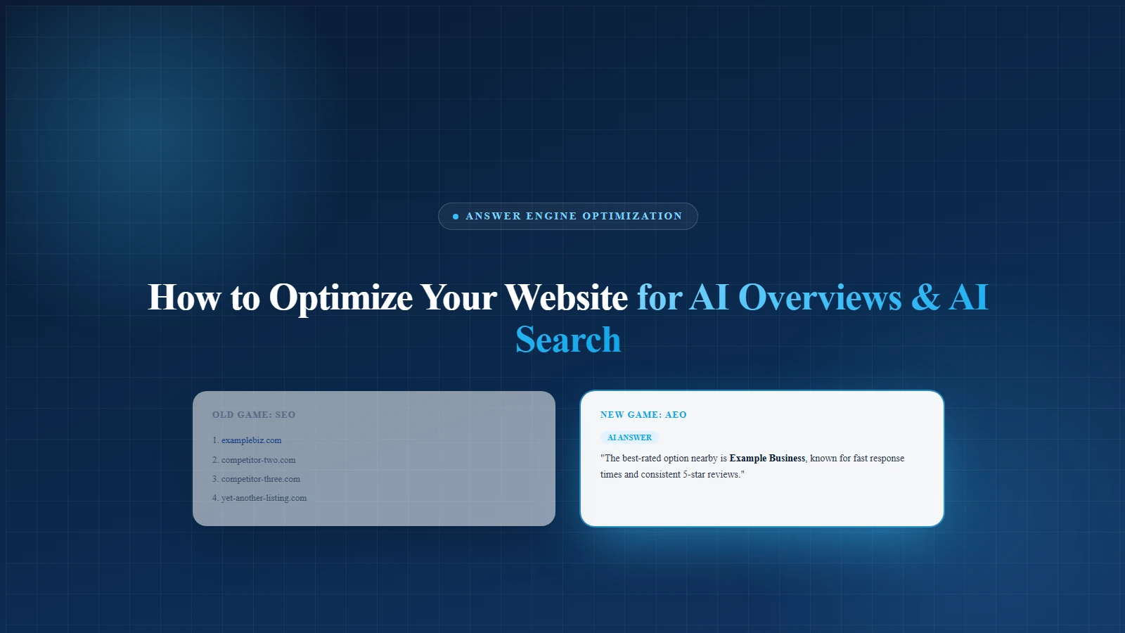 Answer Engine Optimization guide cover comparing traditional SEO ranking on a list of links against AEO being the direct answer AI systems cite