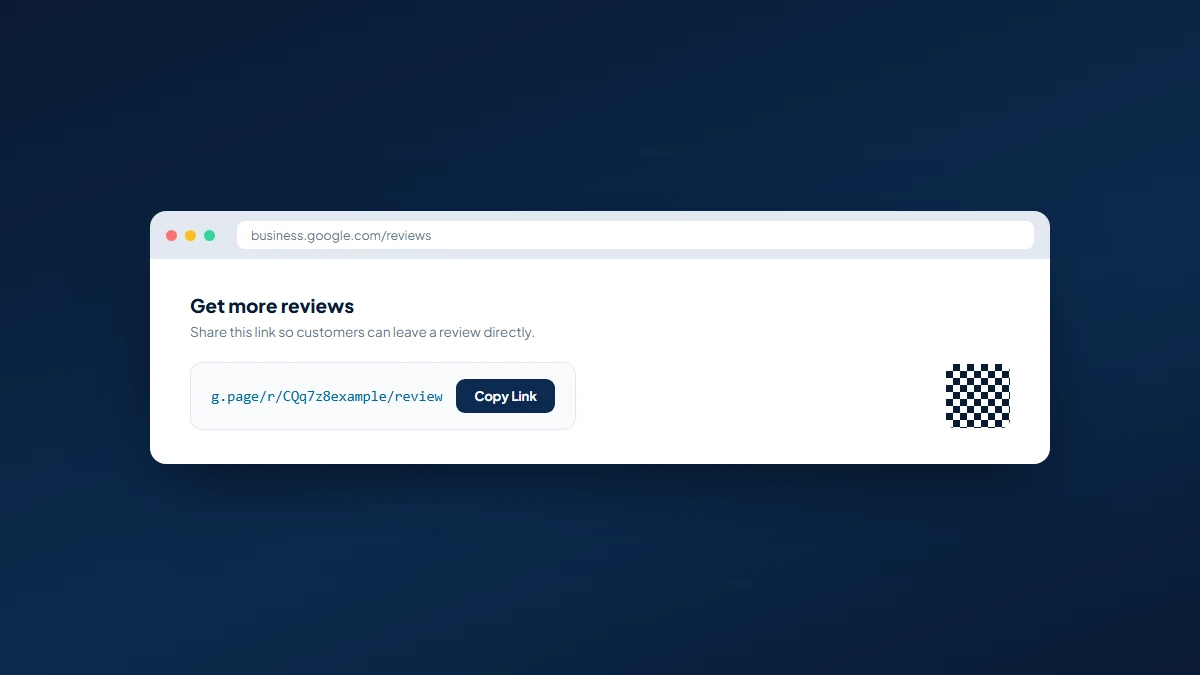 Mockup of the Google Business Profile dashboard showing the Get more reviews section with a shareable review link ready to copy