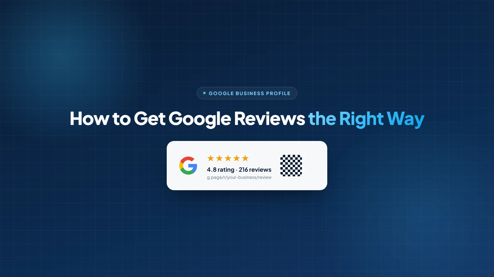 Google reviews guide cover showing a five-star Google Business Profile rating card with a review request link and QR code