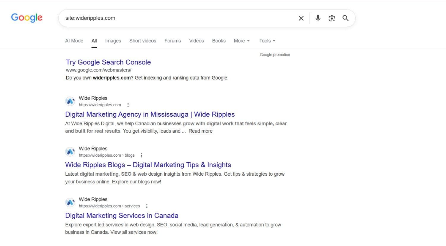 Google search results page showing indexed pages from wideripples.com, including the homepage, blog page, and services page.