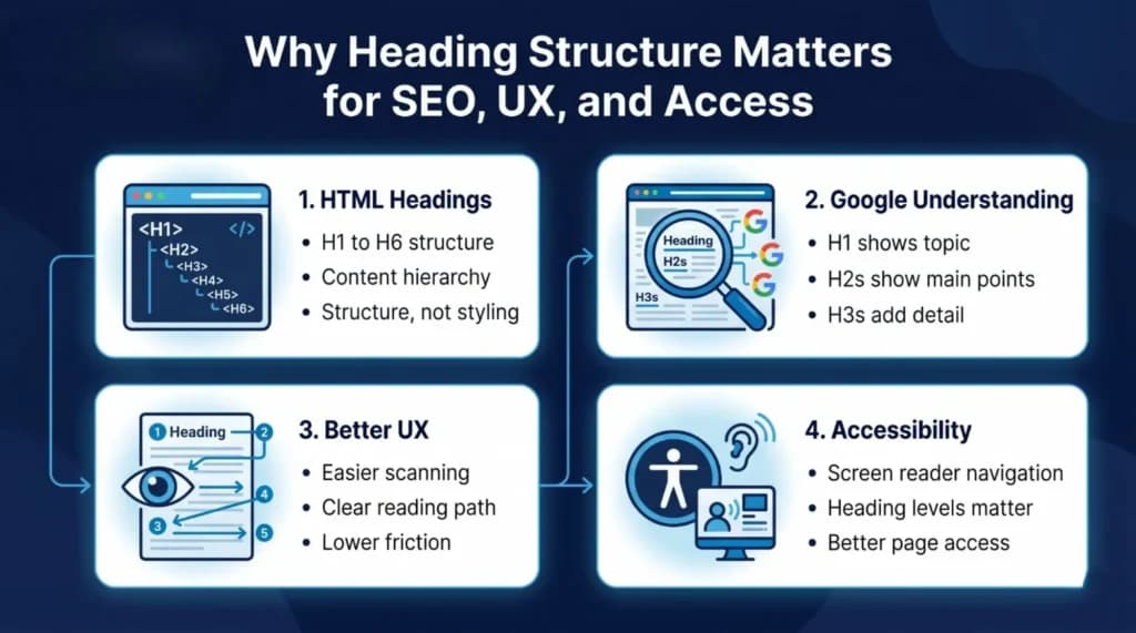 Infographic explaining why heading structure matters for SEO, UX, and accessibility with points on HTML headings, Google understanding, UX, and accessibility.