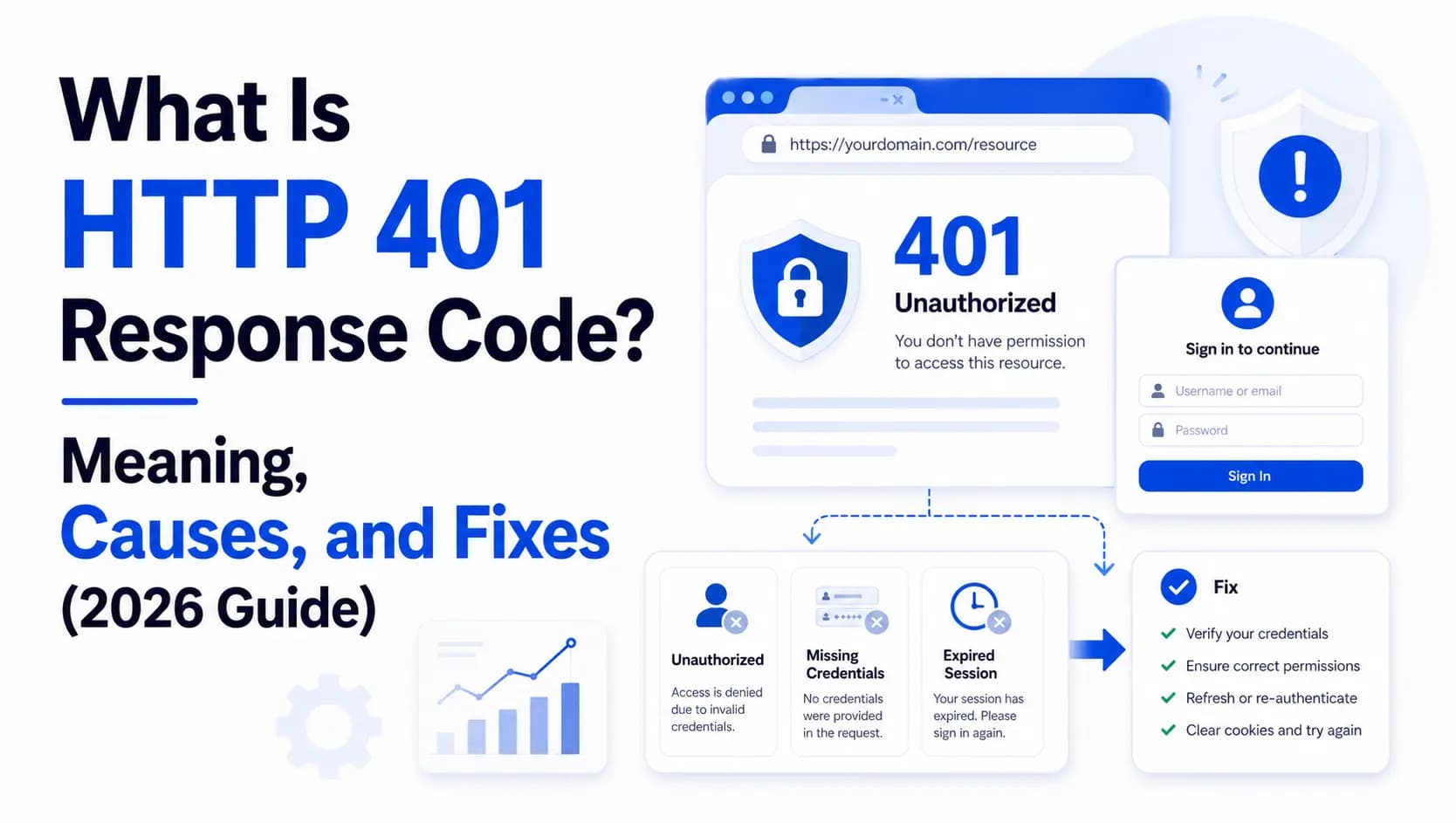 Infographic explaining HTTP 401 response code, including meaning, causes, and fixes with visual elements and text.