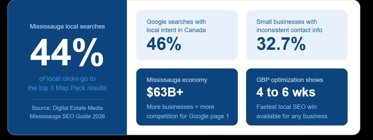 Mississauga local searches: 44% of local clicks go to the top 3 Map Pack results. Google searches with local intent in Canada: 46%. Small businesses with inconsistent contact info: 32.7%. Mississauga economy: $63B+; more businesses = more competition for Google page 1. GBP optimization shows 4 to 6 weeks; fastest local SEO win available for any business.