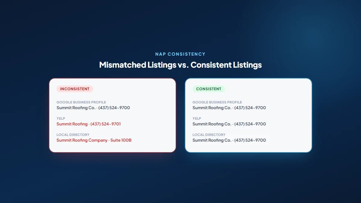 Before and after comparison showing inconsistent business name, address, and phone number across directory listings next to a matching, consistent set of listings