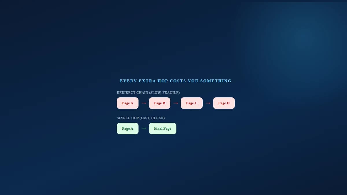 Diagram comparing a long redirect chain across four pages against a single direct redirect straight to the final destination page