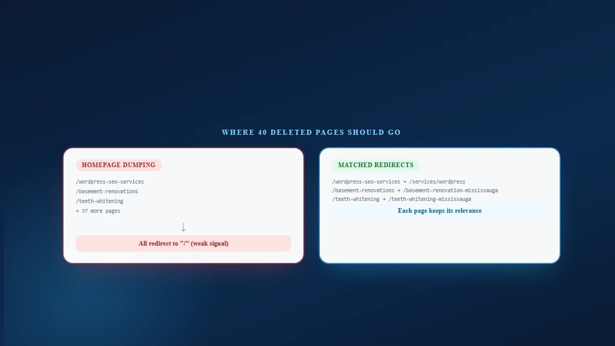 Comparison showing forty deleted pages all redirected to the homepage, creating weak relevance signals, versus each deleted page redirected to its closest relevant replacement
