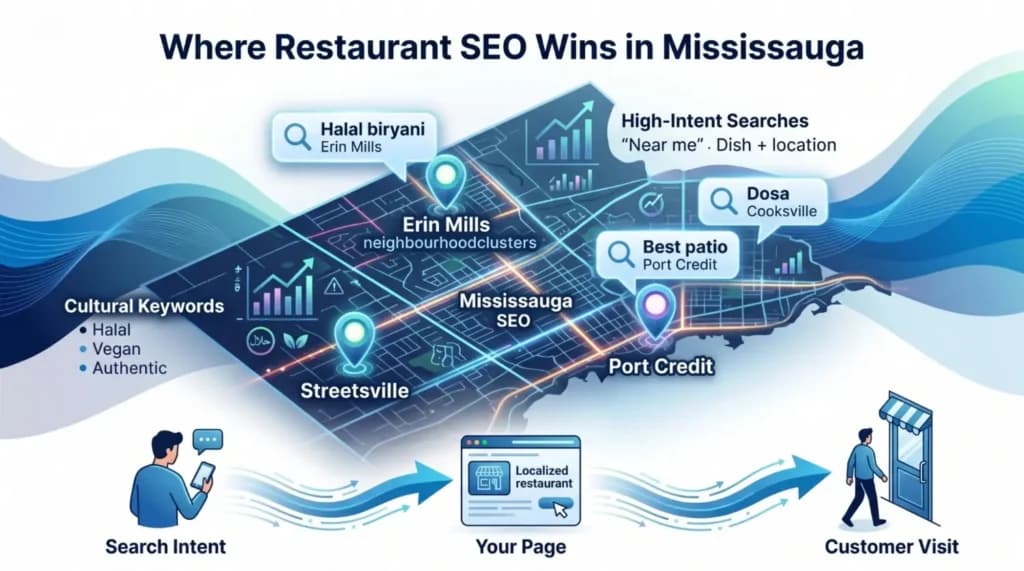 Map of Mississauga showing SEO wins with cultural keywords, high-intent searches, and key neighborhood clusters for restaurant SEO success.