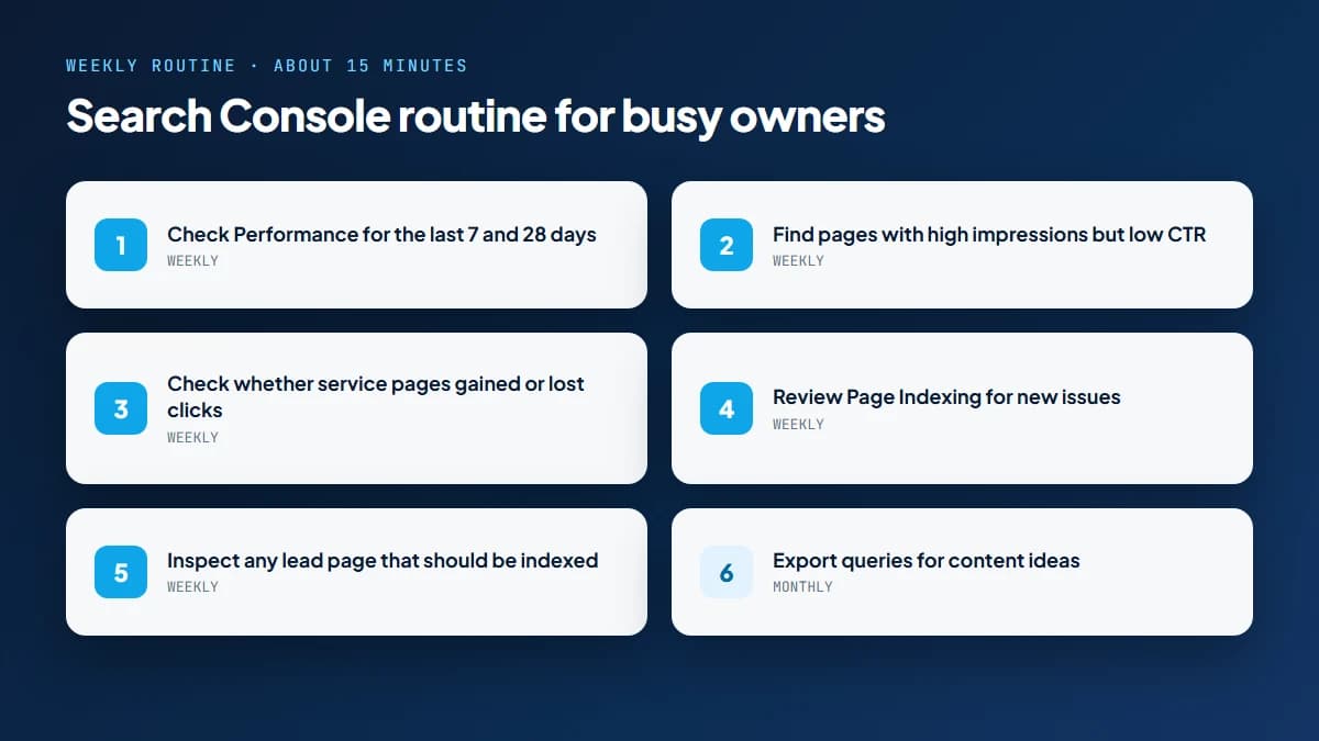 Six-step weekly Google Search Console routine checklist for business owners, from checking 7 and 28 day performance to exporting queries for content ideas