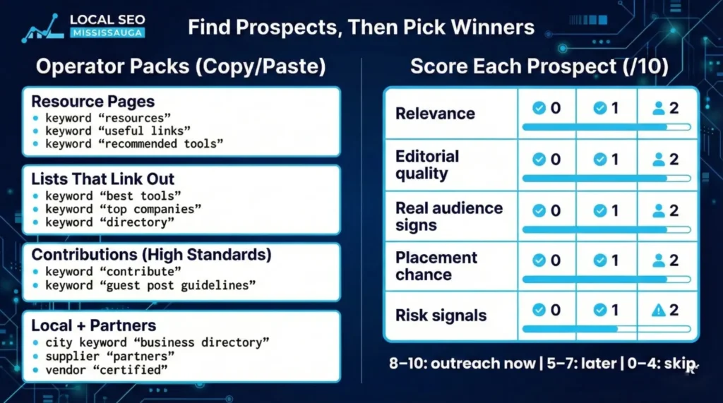 Step-by-step backlink prospecting workflow using Google search operators and scoring prospects for relevance, editorial quality, audience signals, and outreach priority
