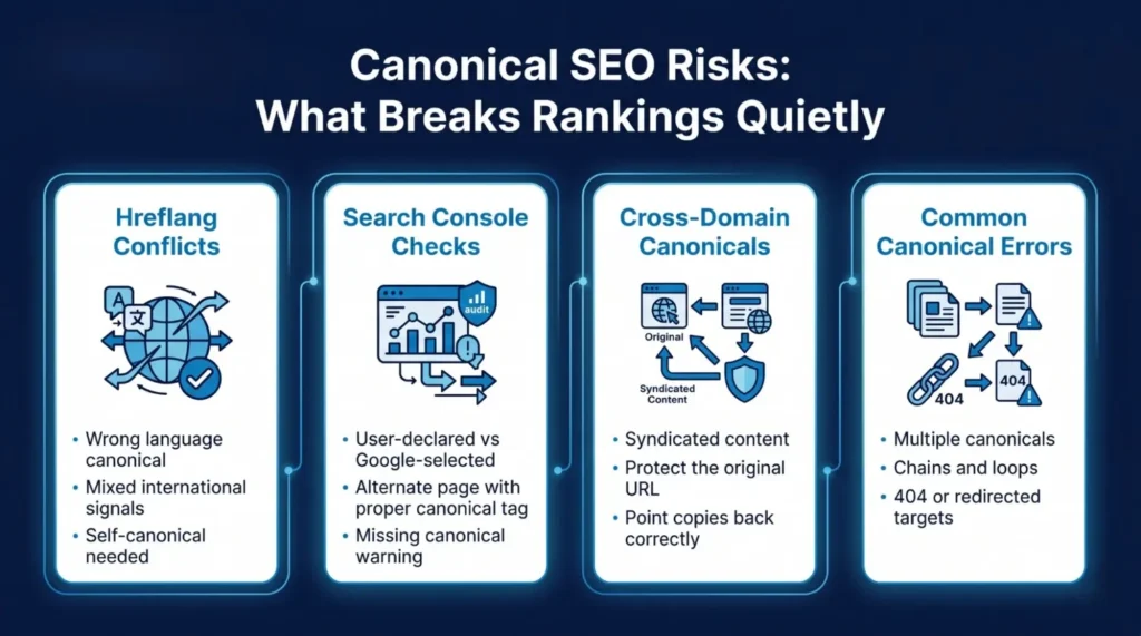 Infographic outlining canonical SEO risks: hreflang conflicts, Search Console checks, cross-domain canonicals, and common canonical errors.