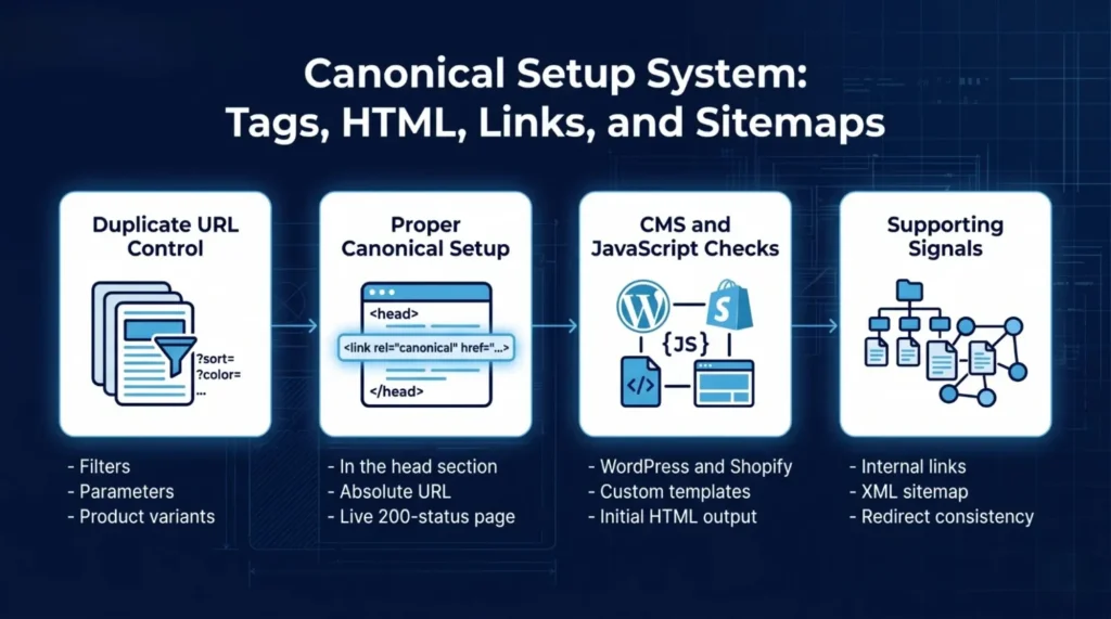 Diagram showing a canonical setup system with four parts: Duplicate URL Control, Proper Canonical Setup, CMS and JavaScript Checks, and Supporting Signals.