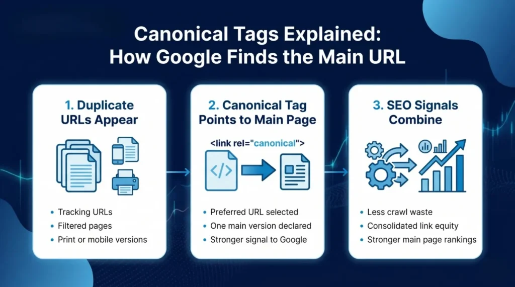 Infographic explaining how Google finds the main URL using canonical tags through duplicate URLs, canonical tag pointing, and combined SEO signals.