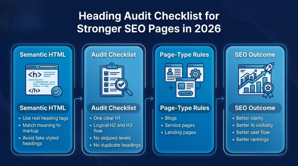 Heading audit checklist for stronger SEO pages in 2026 showing semantic HTML, audit steps, page-type rules, and SEO outcome benefits.