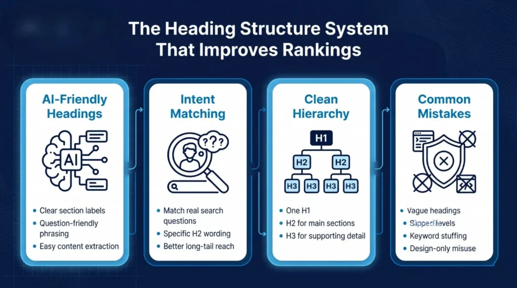 Diagram showing a heading structure system to improve rankings: AI-friendly headings, intent matching, clean hierarchy, and common mistakes to avoid.