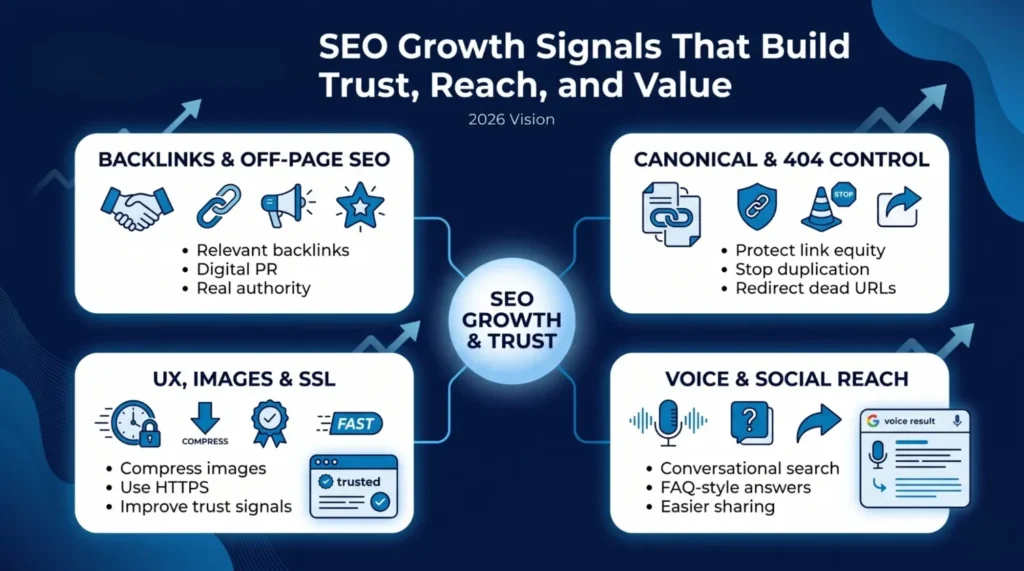 Diagram of SEO growth signals for 2026 including backlinks, canonical control, UX and images, and voice & social reach to build trust and value.