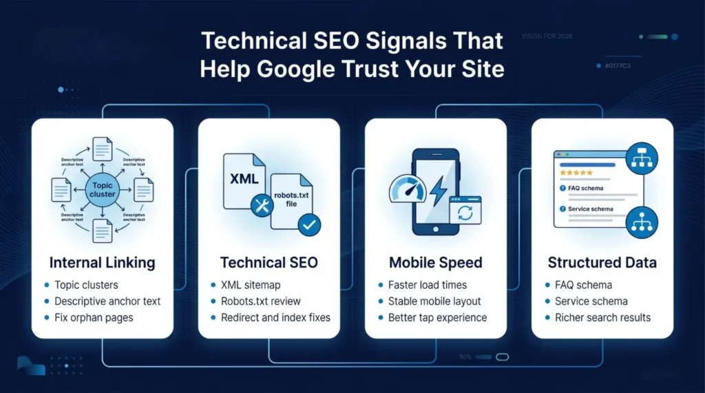Diagram of SEO growth signals for 2026 including backlinks, canonical control, UX and images, and voice & social reach to build trust and value.