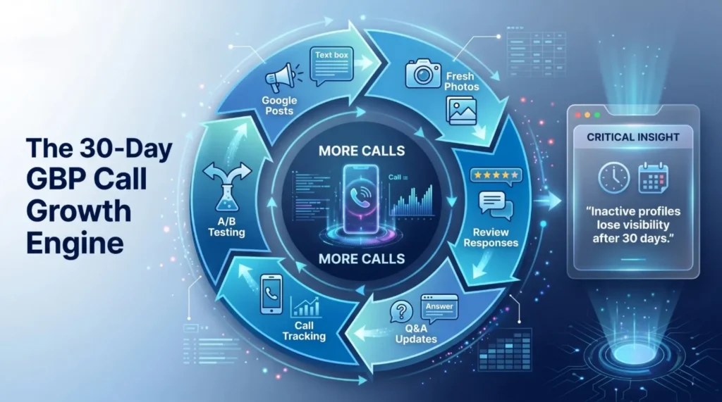 Circular infographic detailing the 30-day GBP Call Growth Engine with steps like Google posts, photos, reviews, Q&A, call tracking, and testing.