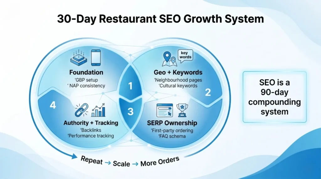 Diagram of the 30-Day Restaurant SEO Growth System with four steps: Foundation, Geo + Keywords, SERP Ownership, Authority + Tracking.