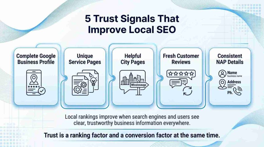 5 trust signals to improve local SEO: complete Google profile, unique service pages, helpful city pages, fresh reviews, consistent NAP details.