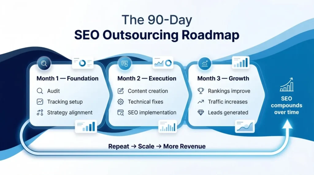 "Infographic titled 'The 90-Day SEO Outsourcing Roadmap' showing three phases: Month 1 - Foundation, Month 2 - Execution, Month 3 - Growth. Each phase lists tasks like audit, content creation, and rankings improvement. Arrows suggest progression and scaling, with an upward arrow labeled 'SEO compounds over time,' conveying growth and success."