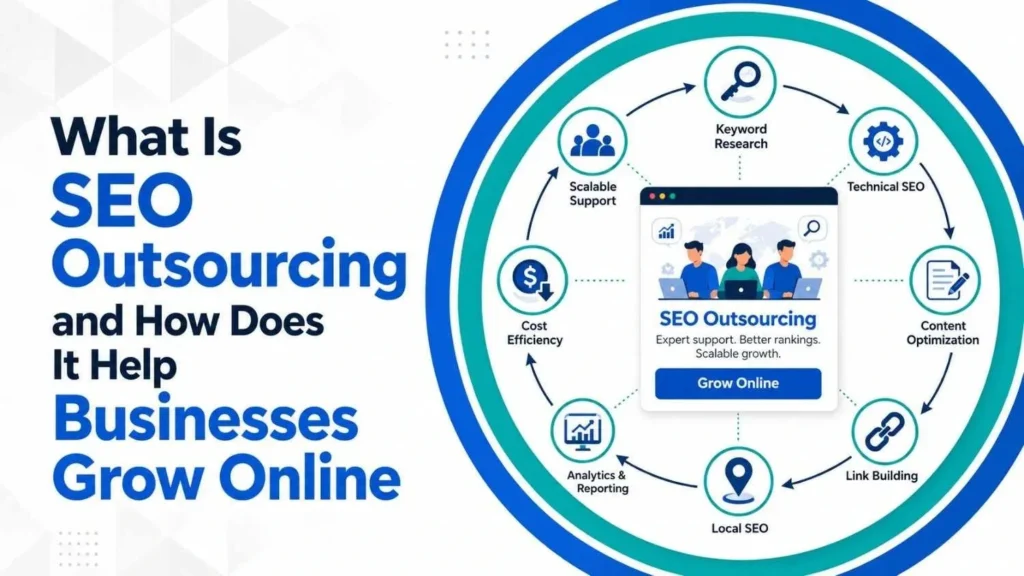 Infographic titled 'What Is SEO Outsourcing and How Does It Help Businesses Grow Online' with a central image of a webpage and surrounding icons for key SEO components: Keyword Research, Technical SEO, Content Optimization, Link Building, Local SEO, Analytics & Reporting, Cost Efficiency, and Scalable Support. The design uses blue and green tones, conveying a professional and informative tone.