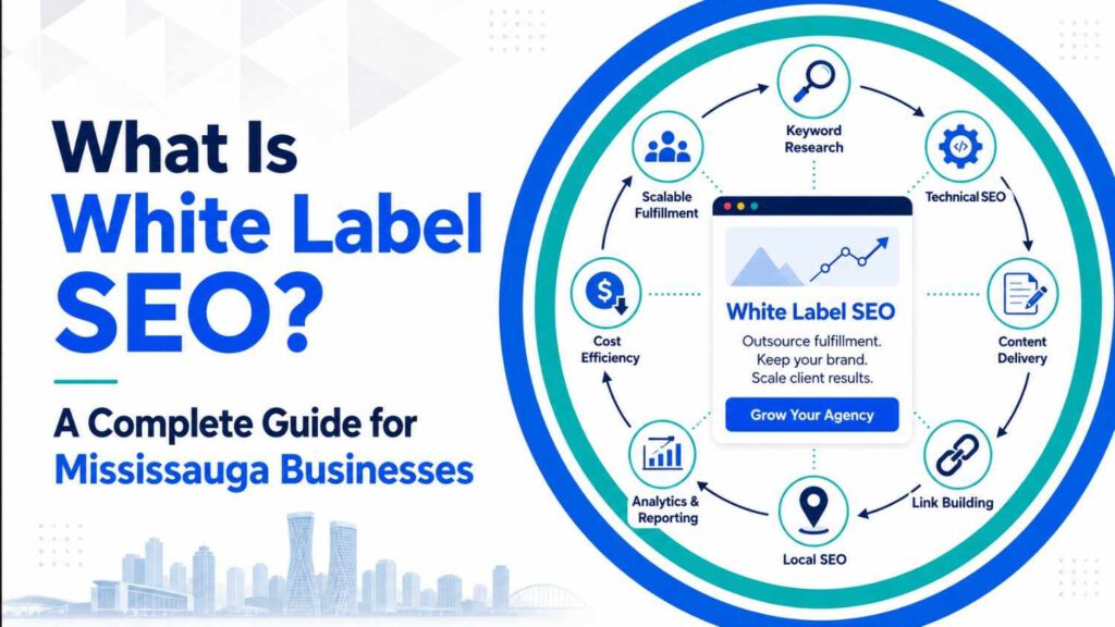 Infographic titled 'What Is White Label SEO? A Complete Guide for Mississauga Businesses' with circular flowchart showing six elements: Keyword Research, Technical SEO, Content Delivery, Link Building, Local SEO, Analytics & Reporting, Scalable Fulfillment, and Cost Efficiency. Background includes the Mississauga skyline