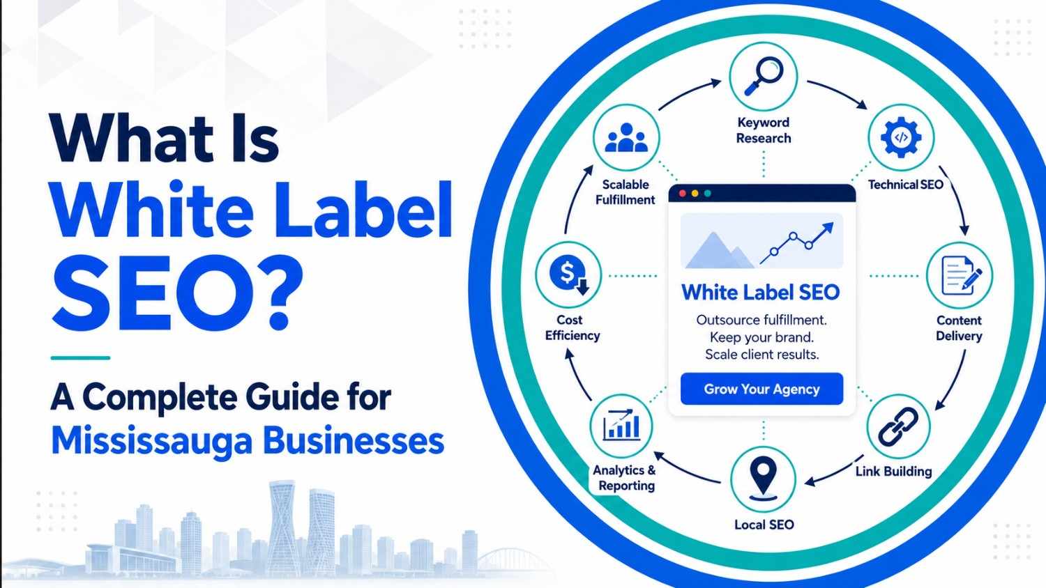 Infographic titled 'What Is White Label SEO? A Complete Guide for Mississauga Businesses' with circular flowchart showing six elements: Keyword Research, Technical SEO, Content Delivery, Link Building, Local SEO, Analytics & Reporting, Scalable Fulfillment, and Cost Efficiency. Background includes the Mississauga skyline