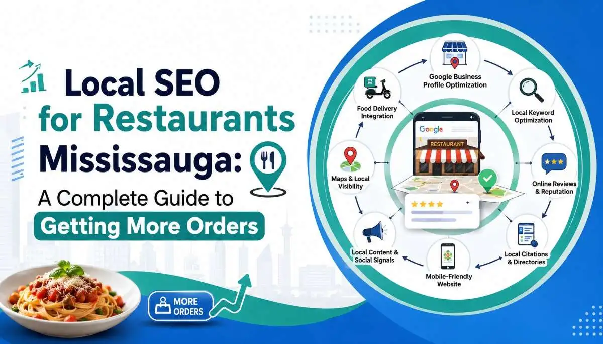 Infographic on Local SEO for Restaurants in Mississauga, highlighting strategies like Google optimization, reviews, mobile sites, and food delivery integration.