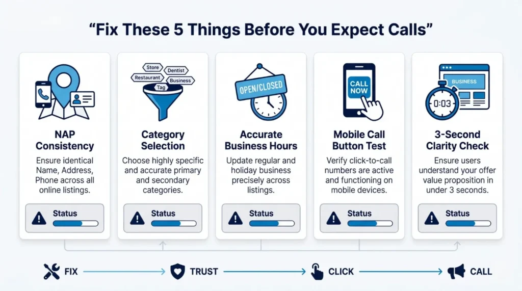 Checklist for improving business call rates: NAP consistency, category selection, accurate hours, mobile call test, and 3-second clarity check.