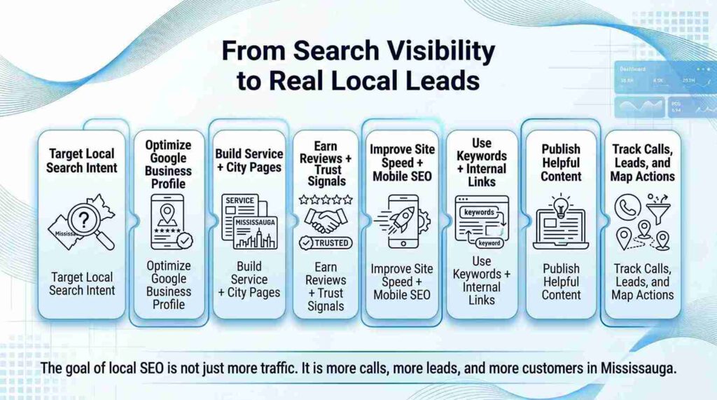 Steps to convert search visibility into local leads: target intent, optimize Google profile, build pages, earn reviews, speed up site, use keywords, publish content, track leads.