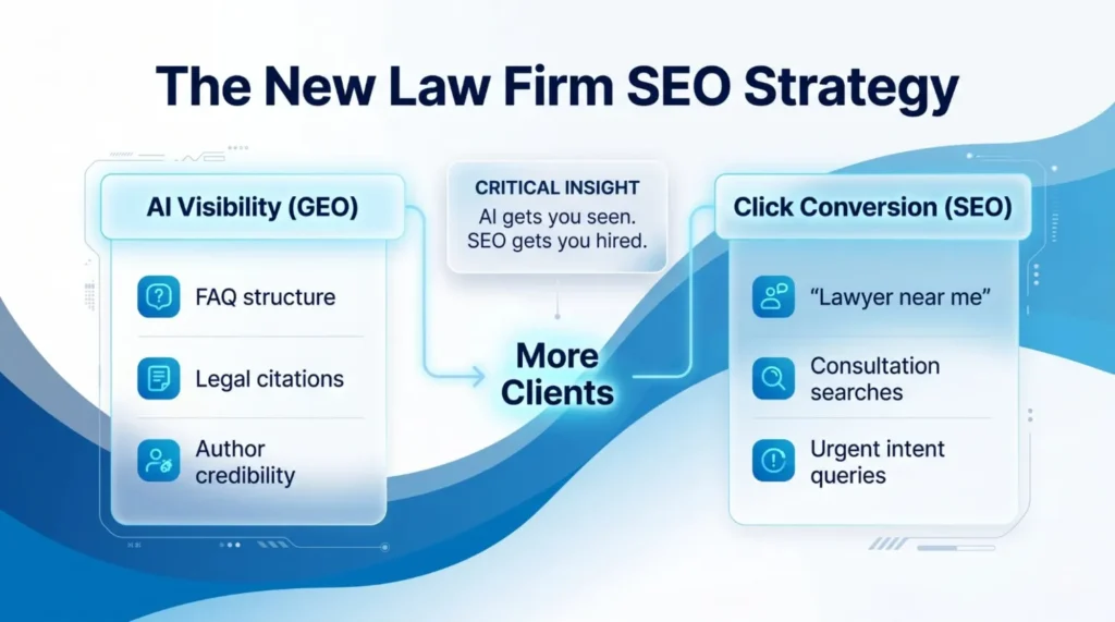 Alt text: "Infographic titled 'The New Law Firm SEO Strategy' with two sections: 'AI Visibility (GEO)' for enhancing FAQ, legal citations, and author credibility; 'Click Conversion (SEO)' for targeting 'lawyer near me', consultations, and urgent queries. Central text states 'More Clients'. Cool blue palette conveys a professional tone."