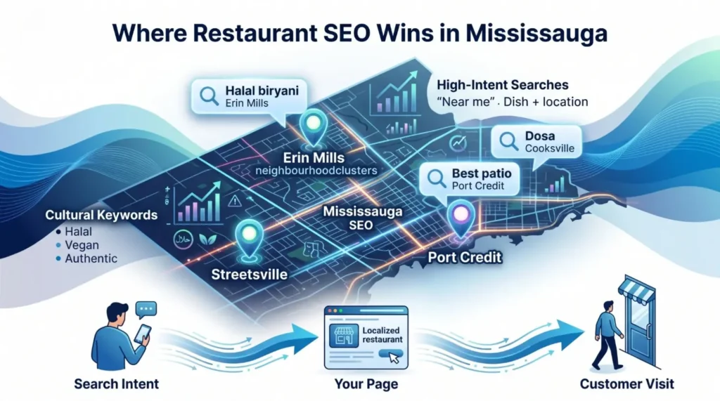 Map of Mississauga showing SEO wins with cultural keywords, high-intent searches, and key neighborhood clusters for restaurant SEO success.