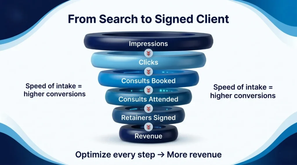 Alt text: Illustration of a sales funnel titled "From Search to Signed Client," showing stages: Impressions, Clicks, Consults Booked, Consults Attended, Retainers Signed, and Revenue. Arrows highlight speed of intake leading to higher conversions. Text at the bottom states, "Optimize every step → More revenue." Colors transition from dark to light blue, conveying a professional and efficient tone.